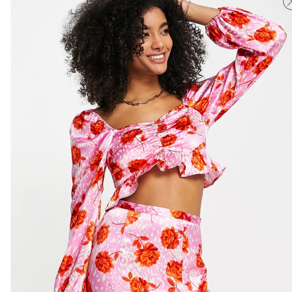 Topshop Mix Print Long Sleeve Crop Top